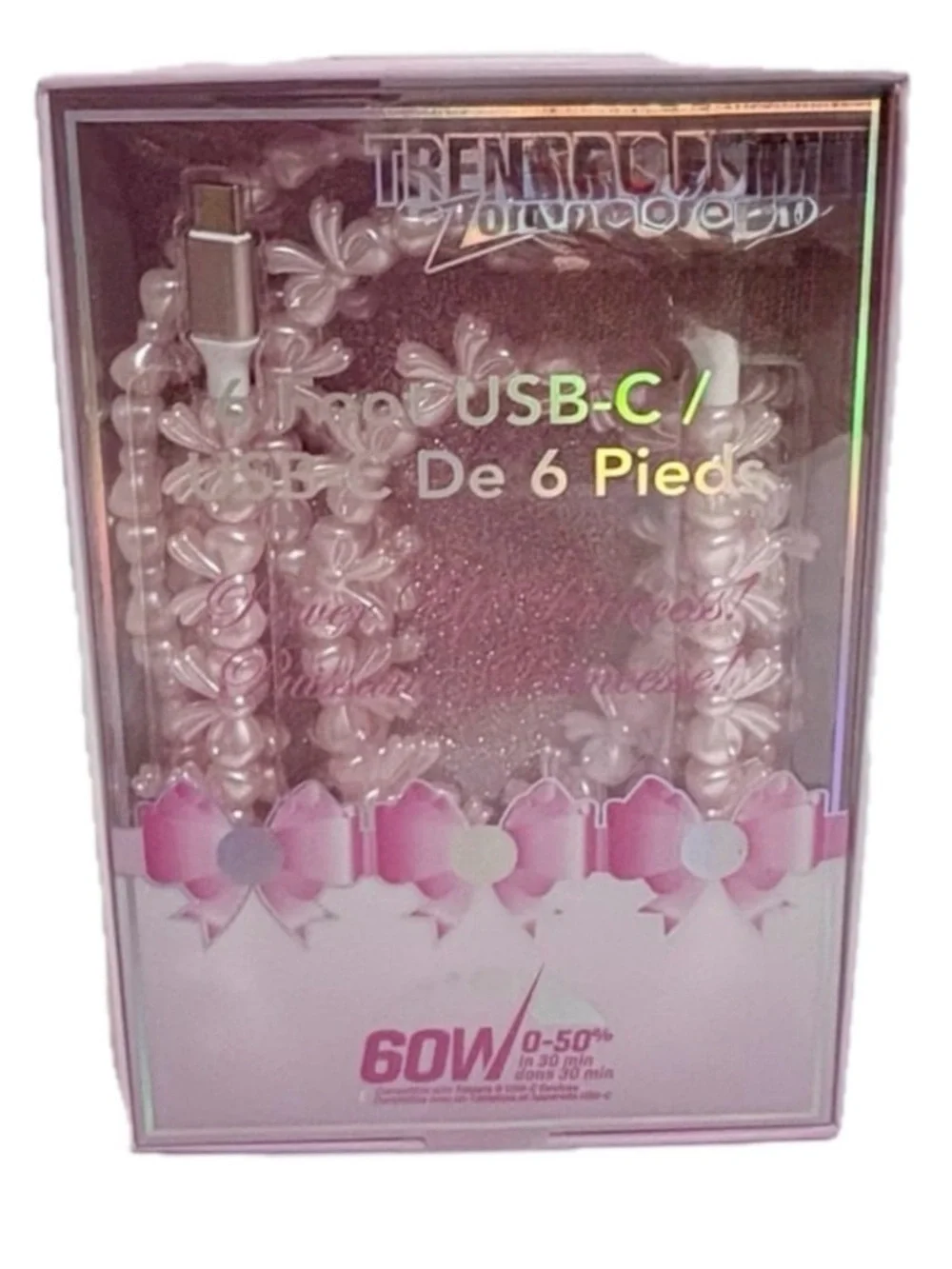 NIB Trend Zone Pink Bows Beaded USB-C Cable
